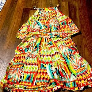 Sundress ,spaghetti straps Orange cotton liner, orange print and crochet accent.